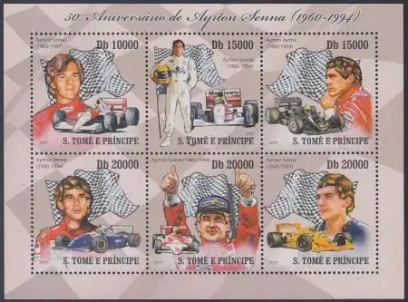 Sao Tomé und Principe Mi.Nr. Klbg.4327-32 50.Geb. Ayrton Senna, Rennfahrer 