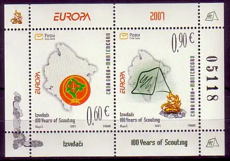 Montenegro Mi.Nr. Block 6 Europa 07, Pfadfinder, Zelt, Lagerfeuer, Karte
