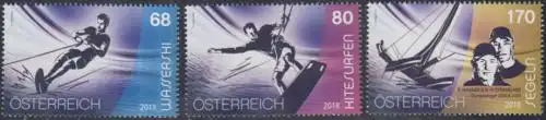 Österreich MiNr. 3396-98 Sport und Wasser, Wasserski, Kitesurfen, Segeln (3 W.)