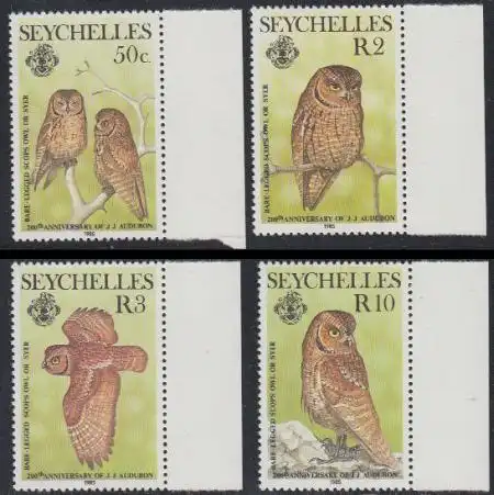 Seychellen Mi.Nr. 575-78 200.Geb. John James Audubon, Eulen (4 Werte)