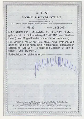 Deutsche Kolonien, Marianen MiNr 7 - 19, Kaiseryacht "Hohenzollern", Attest