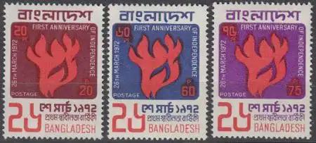 Bangladesch Mi.Nr. 13-15 1 Jahr Unabhängigkeit, Flamme (3 Werte)