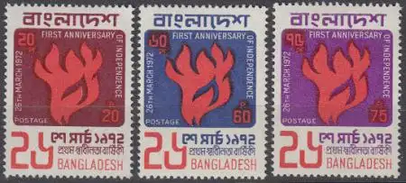 Bangladesch Mi.Nr. 13-15 1 Jahr Unabhängigkeit, Flamme (3 Werte)