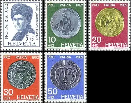 Schweiz Mi.Nr. 751-55 Pro Patria, Jean-Jacques Rousseau, Münzen (5 Werte)