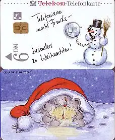 Telefonkarte A 34 11.94 Weihnachtskarte 94, Schneemann+ Mäuse, DD1411,Aufl.70000