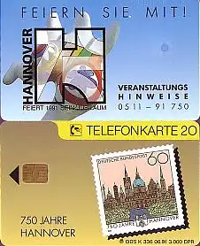Telefonkarte K 336 06.91, 750 Jahre Hannover (Abbildung Briefmarke), Aufl. 3000