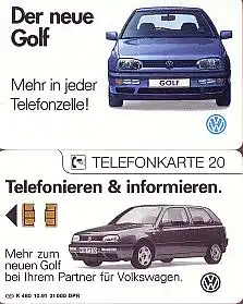 Telefonkarte K 480 10.91, VW Golf, Aufl. 21000