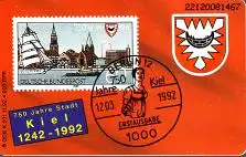 Telefonkarte K 501 11.92, 750 Jahre Kiel (Abbildung Briefmarke), Aufl. 4000