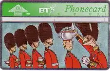 Telefonkarte Großbritannien, Comic Garde mit Bärenfellmützen, 100