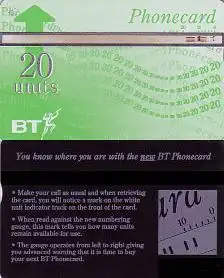 Telefonkarte Großbritannien, grüne Karte, Rückseite mit Schrift, 20