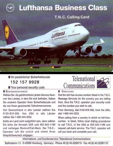 T.N.C. Calling Card, Lufthansa Business Class, Boeing 747