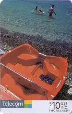 Telefonkarte Neuseeland, Boot und Badende am Strand, 10