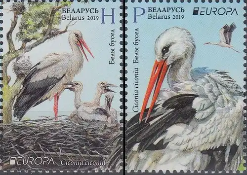 Weißrussland MiNr. 1300-1301 Europa 2019, Einheimische Vögel, Weißstorch (2 W.)