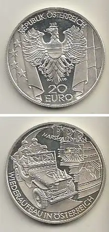 Österreich Nr. 301, Wappenadler zwischen den Flaggen, Silber  (20 Euro)