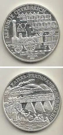 Österreich Nr. 339, Dampflokomotive "Austria" (1837), Silber  (20 Euro)