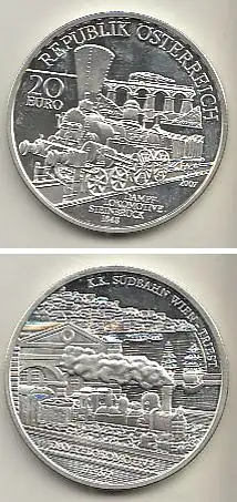 Österreich Nr. 340, Dampflokomotive "Steinbrück" (1848), Silber  (20 Euro)