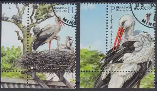 Weißrussland MiNr. 1300-1301 Europa 2019, Einheimische Vögel, Weißstorch (2 W.)