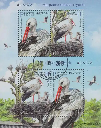 Weißrussland MiNr. Block 176 Europa 2019, Einheimische Vögel, Weißstorch 