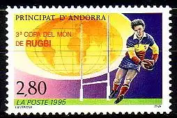 Andorra frz. Mi.Nr. 476 Rugby WM Südafrika Spieler, Torstangen, Weltkarte (2,80)