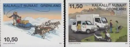 Grönland Mi.Nr. 634-35 Europa 13 Postfahrzeuge, Hundeschlitten LKW u.a.,skl.(2W)