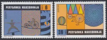 Makedonien Mi.Nr. 254-55 Europa 02, Zirkus, u.a.Fahrrad a.Podest u.Hochseil (2W)