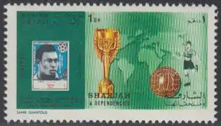 Sharjah Mi.Nr. 645A Fußball-WM 1970, Pele, Ball, Schiri, Weltkarte, Pokal (1 Dh)