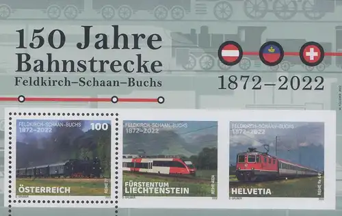 Liechtenstein / Schweiz / Österreich Block, 150 Jahre Bahnstrecke Feldkirch – 