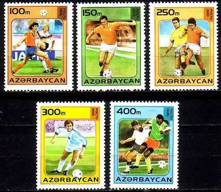 Aserbaidschan Mi.Nr. 255-59 Fußball-WM Frankreich, Spielszenen (5 Werte)