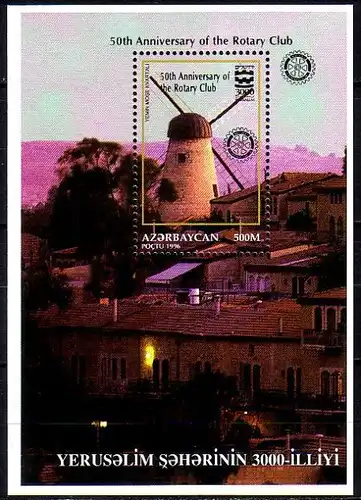 Aserbaidschan Mi.Nr. Block 29 3000 J.Jerusalem Windmühle Aufdr. 50 J.Rotary-Club