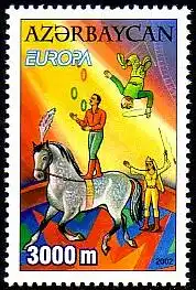 Aserbaidschan Mi.Nr. 514A Europa 2002, Zirkus, Jongleur auf Perd, Trapez (3000)