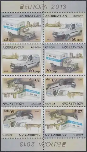 Aserbaidschan H-Blatt mit je 4 x Mi.Nr. 973/74D Europa 13 Postfahrzeuge