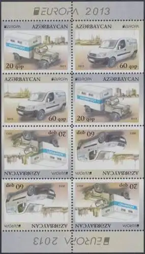 Aserbaidschan H-Blatt mit je 4 x Mi.Nr. 973/74D Europa 13 Postfahrzeuge