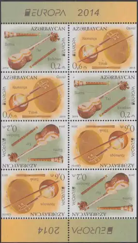 Aserbaidschan H-Blatt mit je 4 x Mi.Nr. 1038/39D Europa 14 Volksmusikinstrumente