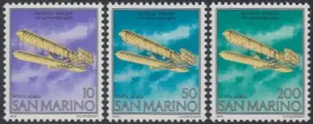 San Marino Mi.Nr. 1165-67 1.Motorflug durch Gebr.Wright (3 Werte)