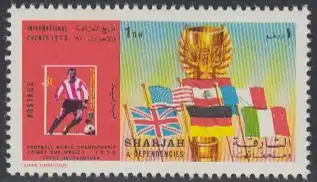 Sharjah Mi.Nr. 648A Fußball-WM 1970, Franz Beckenbauer, Flaggen, Pokal (1 Dh)