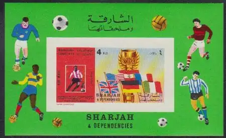 Sharjah Mi.Nr. Block 66 B Fußball-WM 1970, F.Beckenbauer, Flaggen, Pokal, ungez.