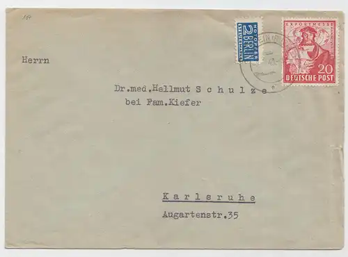 Bizone, MiNr. 104, Brief von Bielstein nach Karlsruhe 1949