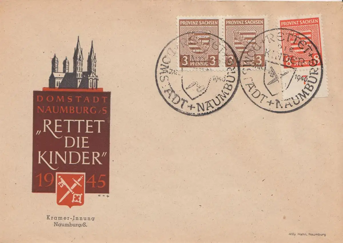 D, SBZ, Mi.Nr. 74 (Paar) und 77 Provinzwappen, auf Brief Domstadt Naumburg