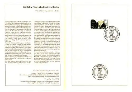 D,Bund Blatt 17/91 Sing Akademie Berlin (Marke MiNr.1520)