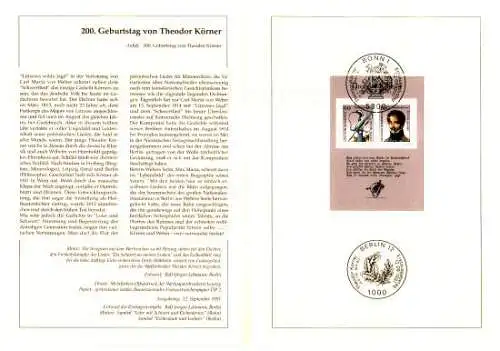 D,Bund Blatt 37/91 Theoder Körner (Block MiNr.25)