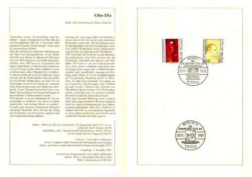 D,Bund Blatt 44/91 Otto Dix (Marken MiNr.1572-1573)