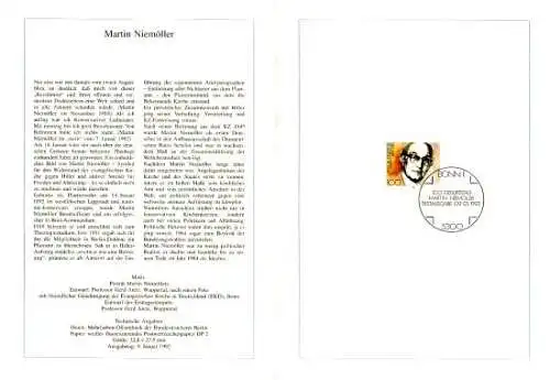 D,Bund Blatt 3/92 Martin Niemöller (Marke MiNr.1584)