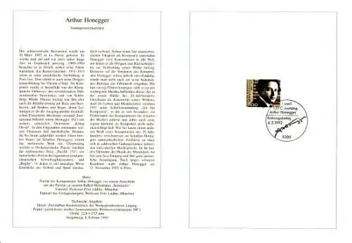 D,Bund Blatt 7/92 Arthur Honegger, Komponist (Marke MiNr.1596)