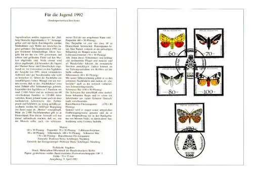 D,Bund Blatt 14/92 Jugend, Nachfalter (Marken MiNr.1602-1606)