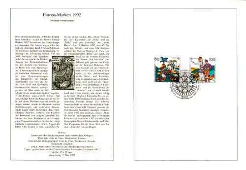 D,Bund Blatt 16/92 Europa, Entdeckung Amerikas (Marken MiNr.1608-1609)