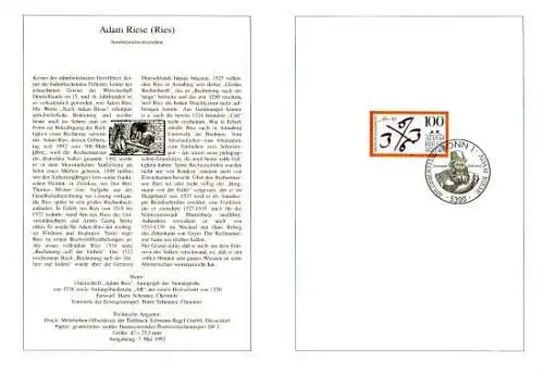 D,Bund Blatt 19/92 Adam Riese (Marke MiNr.1612)