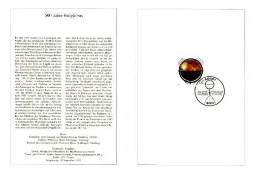 D,Bund Blatt 35/92 500 Jahre Erdglobus, Martin Behaim (Marke MiNr.1627)