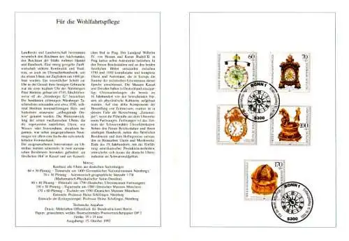 D,Bund Blatt 40/92 Wohlfahrt, Alte Uhren (Marken MiNr.1631-1635)