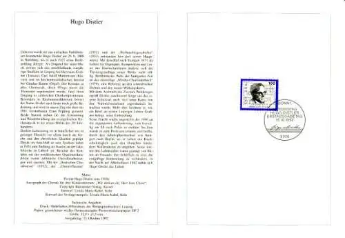 D,Bund Blatt 42/92 Hugo Distler, Komponist (Marke MiNr.1637)