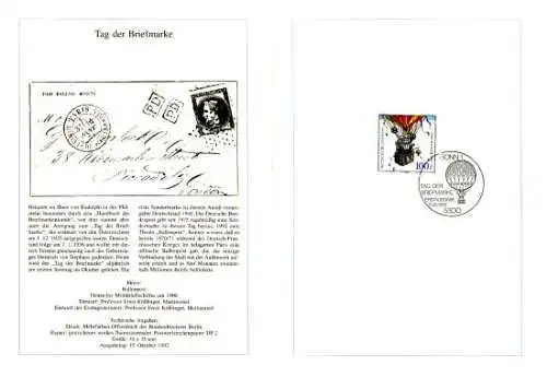 D,Bund Blatt 43/92 Tag der Briefmarke, Ballonpost (Marke MiNr.1638)